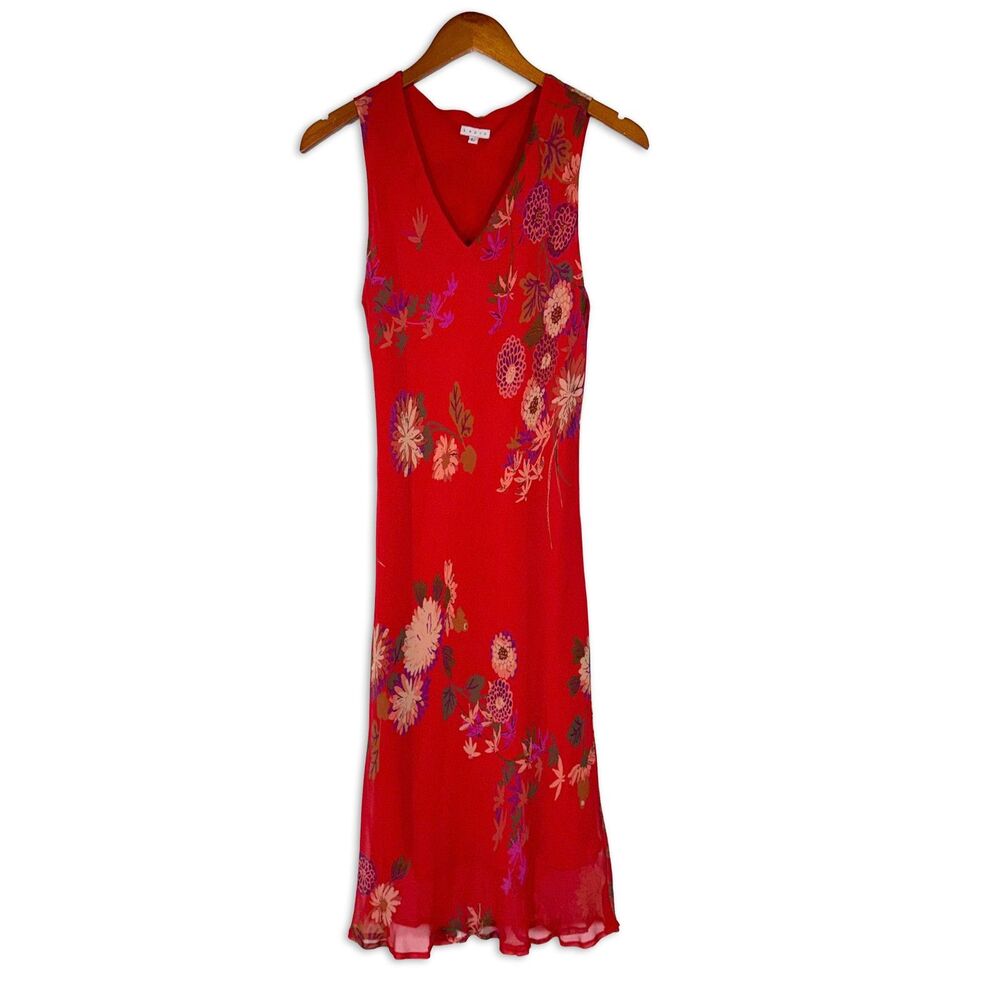 Vintage Lapis Red Silk Floral Midi Dress Sleeveless V Neck Bias Cut 90s Y2K L